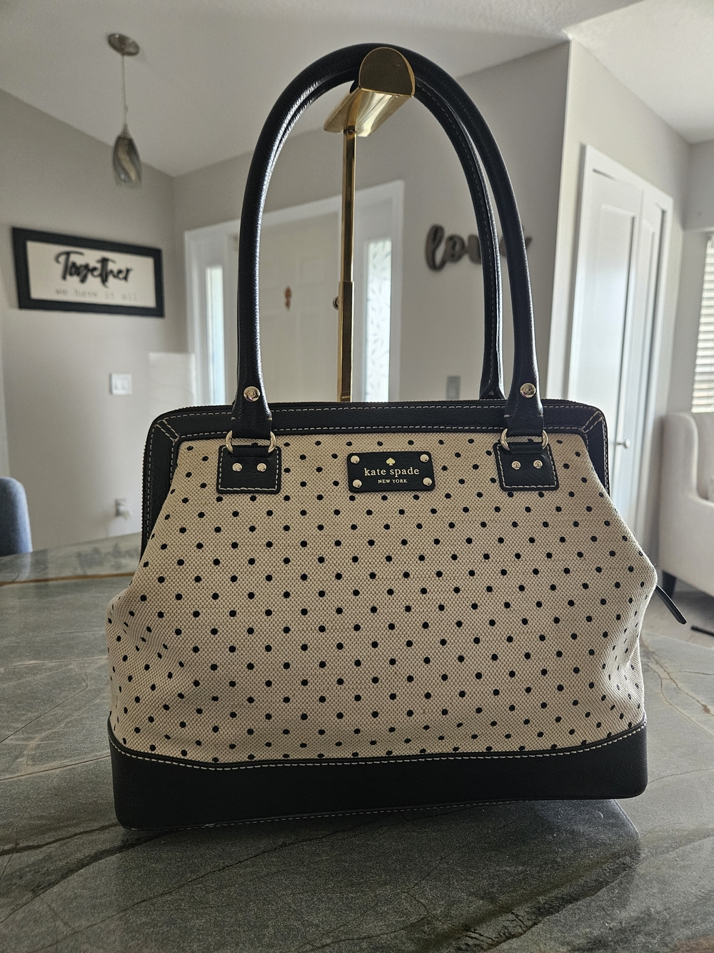 Kate Spade NY Black & White Polka Dot Canvas Satchel | Top Handle Bag-Large - Picture 17 of 17
